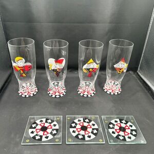 Vintage King Card Poker Glasses Set of 4 With 3 Glass Coasters Barware Set 24 Oz